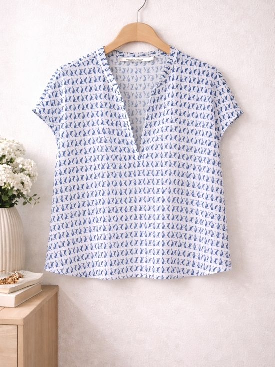 Simons Tops - Contemporaine Simons Nautical Seahorse Blouse Blue White L